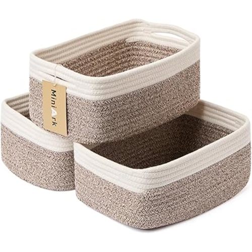 Small Storage Baskets for Organizing | Closet Organizer Bins | Shelf Toy Basket | Woven Rope Baskets | Cube Decorative Box | Shallow Basket | 13x8.5x5.1” | 3 Packs White Brown