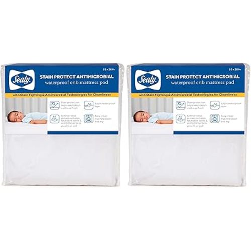 Sealy Baby Stain Protect Antimicrobial Fitted Waterproof Infant Crib Mattress Protector Pad and Toddler Bed Cover, Durable and Comfortable Topper, Machine Washable & Dryer Friendly, 52” x 28”- White