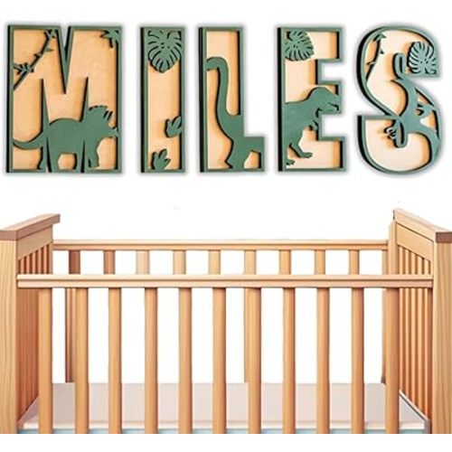 Personalized Wooden Name Sign - Custom Baby Name Signs for Nursery & Kids Room, Baby Announcement Sign, Wall Name Signs Personalized, Round Wooden Letters for Nursery Decor (Dinosaur)