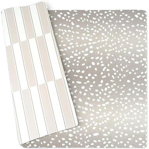 Wander & Roam Premium Reversible Baby Play Mat - Soft Foam Tummy Time Mat for Infant, Toddler & Parent - Modern Neutral Antelope + Stripe Design - Water Resistant, Easy to Clean, Non-Toxic - Greige