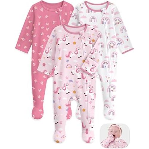 Unnivoll Baby Sleepers 100% Cotton Baby Pajamas Baby Boys Girls Clothes | Footie Pajamas for Newborn 0-3 3-6 6-9 Months, 3Pcs Soft Infant Footed PJs with Mitten Cuffs, Two Way Zipper, Long Sleeve