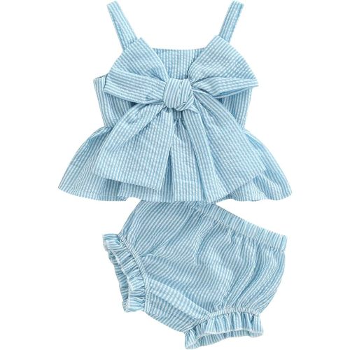 Toddler Baby Girls Sleeveless Dress Front Bowknot Stripe Sling Summer Jumpsuit Princess Casual Romper - Blue Shorts Sets - 0-3 Months