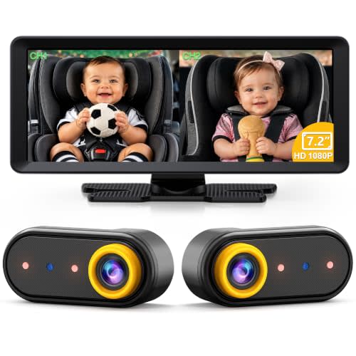 LUCKVIEW BM5PRO 7.2" 1080P HD Baby Car Camera for 2 Kids, Split Screen with IR Night Vision, Easy to Install & Adjust Brightness, Dual Car Camera Baby Monitor for Rear Seat Safety (Yellow)