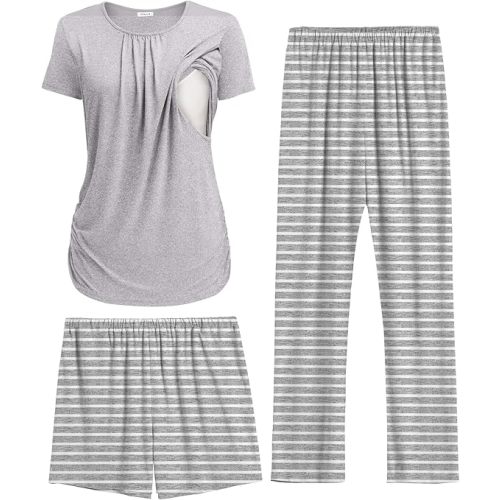 Ekouaer Maternity Nursing Pajamas Set 3 Piece Postpartum Lounge Breastfeeding Pjs Pregnancy Shorts & Pants S-XXL