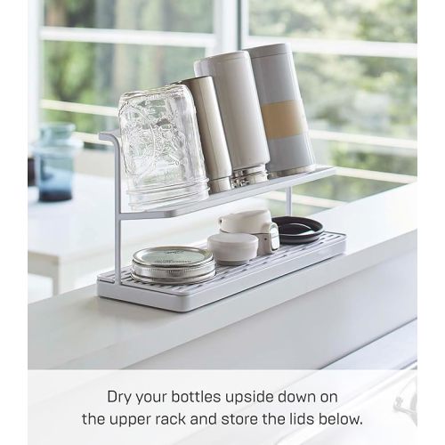 YAMAZAKI Home Tower Countertop Two Tier Bottle Drying Rack, Wide Jug Storage Stand with Drainage Tray for Kitchen Counter for Glass Metal Or Plastic Bottles - Steel