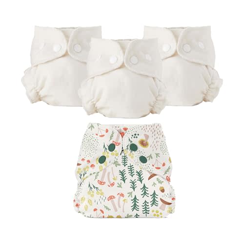 Esembly Cloth Diaper Bundle Set - 3 Organic Cotton Absorbent Inners and 1 Waterproof Outer Diaper Cover - Reusable, Washable, Snap Closure Cloth Diapers - Size 2 (18-35lbs), Fantastic Fungi