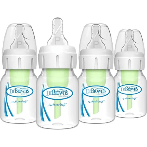 Dr. Brown's Natural Flow Anti-Colic Options+ Narrow Baby Bottle, 2 oz/60 mL, with Preemie Flow Nipple, 0m+, 4 Pack