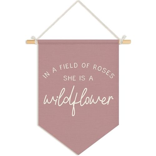 Wheatwin Girl Nursery Decor, in a Field of Roses She Is a Wildflower Wall Hanging Pennant Flag Banner, Wildflower Nursery Wall Decor for Toddler Baby Girls Room Bedroom Playroom 15x11 Inch