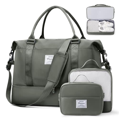 Weekender Bags for Women, Travel Duffel Bags with Shoe Compartment & Wet Pocket,Personal Item Travel Bag for Airlines,Carry on Overnight Tote Bag for women,3Pcs Set，Olive Green