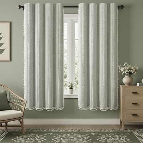 Sage Green Boho Blackout Curtains 72 Inch 2 Panels with Tassels