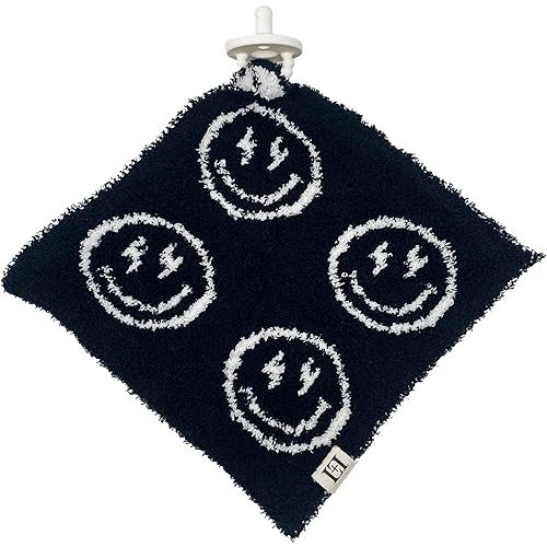 Leaps + Legends USA Smiley Face Baby Lovey Pacifier/Teether Holder 10"x10" - DreamSoft Plush Fluffy Cuddly Soothie Reversible Mini Comfort Blanket - Cute Newborn Gift Babies (Black/White)