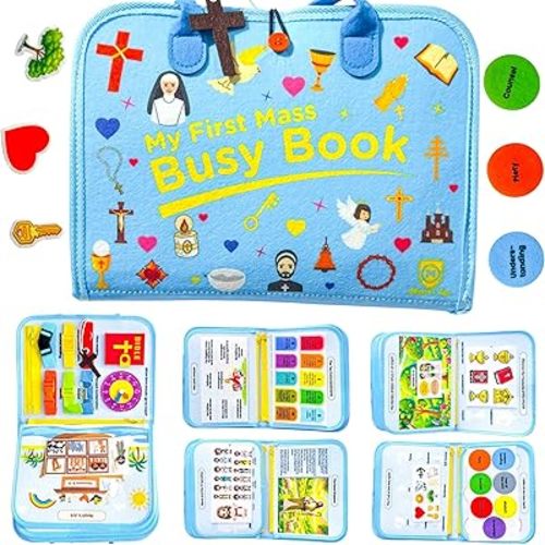 Mass Quiet Book for Kids – 79 Pcs Felt Activity Book – Catholic Faith Toy for Toddlers – 10 Interactive Pages – Montessori Bible Learning Gift – Church Travel Toy (Blue)