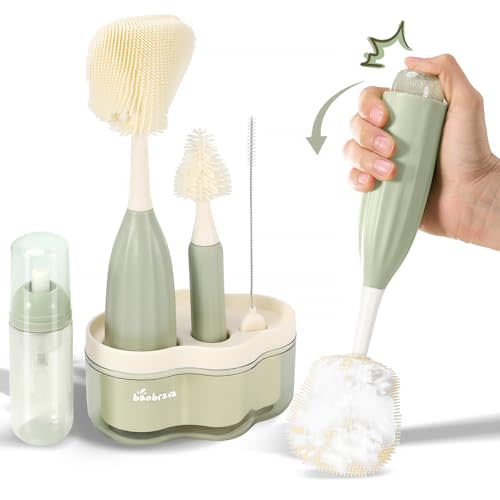 Baby Bottle Brush Set [Push-Press + Bendable Bottle Brush: 360°Comprehensive Cleaning] Baby Bottle Cleaner Brush Set for Baby Bottle/Nipple/Straw/Breast Pump Drying Rack and Travel Bag Included