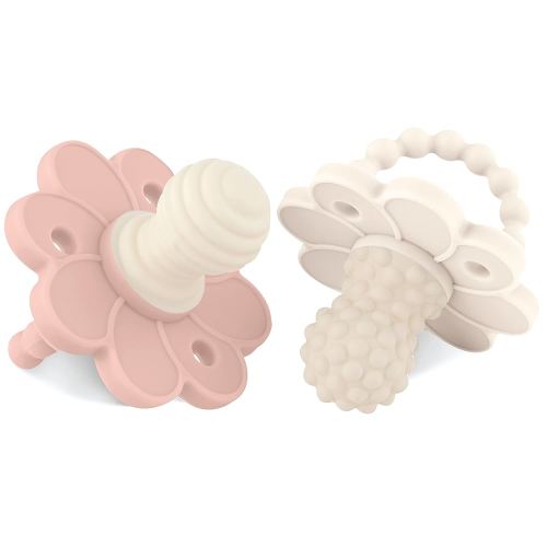 Soothipop Silicone Pacifier Teething Toys for Babies 0-6 Months 12, 18 Months - (2 Pack) Pacifier Shaped Baby Teether, Soft Teething Pacifiers for Babies Baby Teething Relief Flower (Cream & Pink)