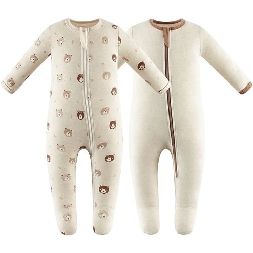 Owlivia Organic Cotton Baby Pajamas, Boys Girls Zip Front Sleep 'N Play Pjs, Footed Sleeper, Long Sleeve