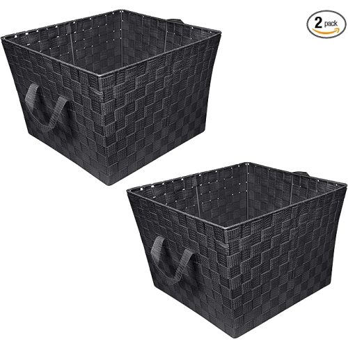 Simplify Large Woven Strap Tote | Decorative Storage Basket | 2 Handles | Organization | Closet | Bedroom | Bathroom | Nursery | Accessories | Toys | Gifts | 2 Pack | Black