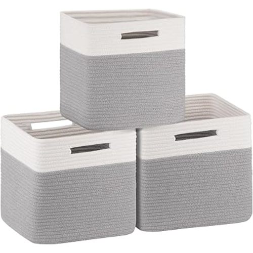 OIAHOMY Cube Storage Basket, 3-Pack Woven Cotton Rope Baskets for Storage, 11-Inch Cube Basket with Handles, Great for Shelves, Closets, Children's Toy Storage and Organization-White & Grey
