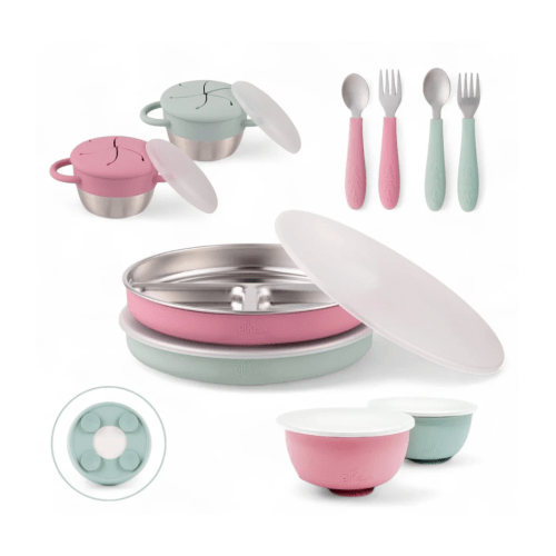 Stainless Steel Mealtime Bundle | Plates, Bowls, Snack Cups + Toddler Utensils | Suction Sleeves | Blush/Sage