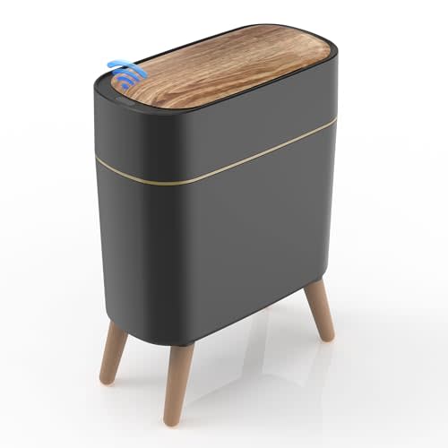 suyika Automatic Trash Can, 2.6 Gallon/10L Bathroom Trash Can with Lid - Wood Grain Lid and Legs, Touchless Waterproof Garbage Bin for Bedroom, Bathroom, Office, Living Room