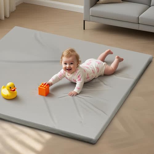 Sofoliana Vegan Leather Baby Play Mat, 50x50 Thicken Foam Cushioned & Waterproof Playpen Mat for Infants and Toddlers, Extra-Large Tummy Time Mat for Tummy Time Training and Early Walking, Light Gray