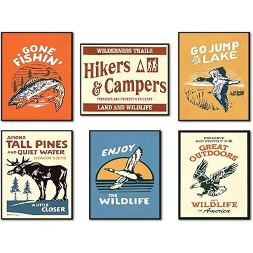 SHRNGCK Vintage Outdoor Posters Set of 6 Funny Wilderness Camping Hiking Wall Art Nature Wildlife Canvas Prints Aesthetic for Bedroom Living Kids Cabin Room 8x10 Unframed