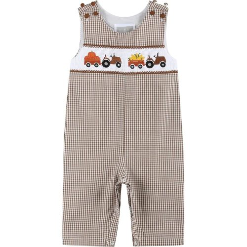Brown Gingham Pumpkin and Corn Tractor Smocked Overalls