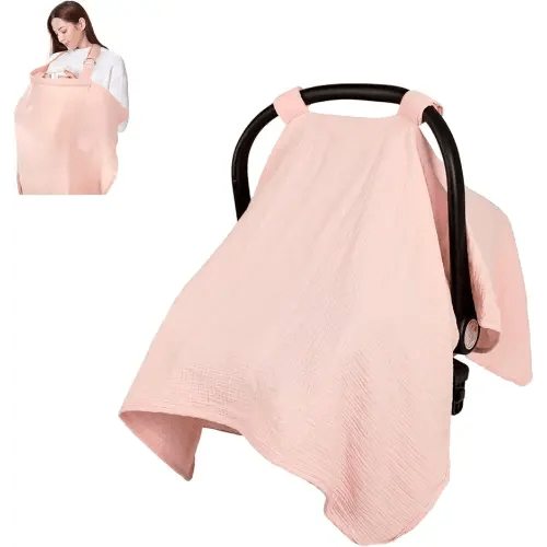 2 in 1 Muslin Infant Car Seat Cover, Multi-Purpose Breastfeeding Covers for Nursing, Breathable Carseat Cover for Baby Girls, Pink