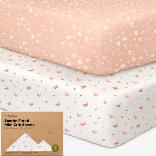 2pk Mini Crib Sheets Fitted 38x26 Pack N Play Mattress Sheet (Butterflies) | Organic Cotton Sheets for Pack and Play Mattress, Soft, Breathable Playard Bedding Sheet, Mini Toddler Bed Cover, Boys, Girls