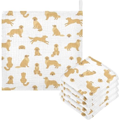 vvfelixl Baby Cotton Washcloths Golden Retriever Dogs Infants Bath Towel for Unisex Goldies Puppy Face Towels for Newborn, Natural Baby Wipes Delicate Skin, 11.8 X 11.8 inch, one sizex5
