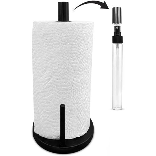 BLUJAYE 2 in 1 Paper Towel Holder with Spray Bottle - Matte Black Christmas Paper Towel Holder Countertop & Spray Bottle - Rust-Resistant Metal Base Standing Paper Roll Mount for Kitchen & Bathroom