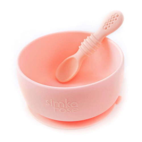 Simka Rose Silicone Baby Bowl and Spoon Set, BPA Free, Baby Led Weaning (Peach)