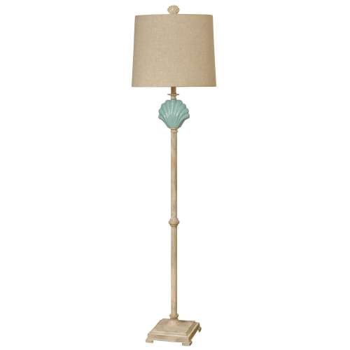 StyleCraft Gili Beach Ceramic Floor Lamp with Light Blue Shell - Beige Hardback Fabric Shade