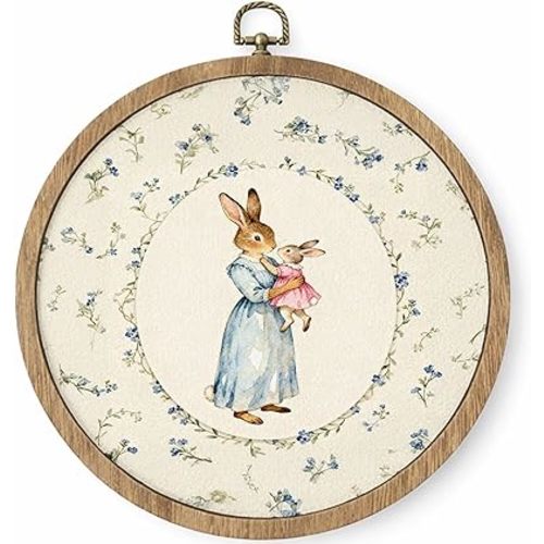 HYKDFMNCJ Mother and Baby Bunny Nursery Round Framed Wall Art, Cottagecore Blue Floral Rabbit Wall Hanging Canvas Prints Artwork Decorations for Girls Nursery Room Bedroom Home, 10x10 Inch