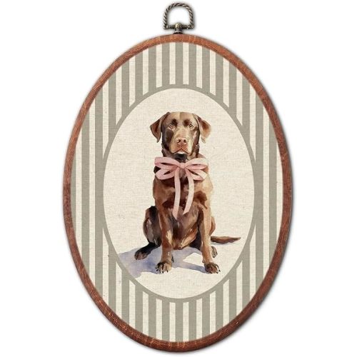Vintage Labrador Retriever Pink Bow Nursery Oval Wall Art Framed Canvas