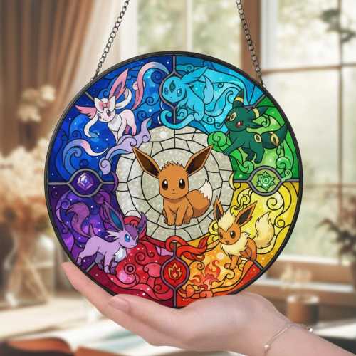 Eevee Evolutions Faux Stained Glass Suncatcher, Acrylic Window Hanging, Pokemon Home Decor, Gift For Anime Fans, Umbreon Sylveon Art