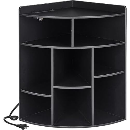 VECELO Corner Cube Shelf with USB Ports & Outlets, Modern Corner Toy Storage Rack with Adjustable Shlef, Wooden Display Bookshelf Bookcase for Living Room, Bedroom, Dining Room, Kitchen, Black