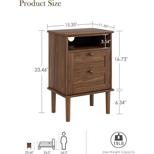 Nightstand, Boho Night Stand with 1 Drawer, Modern Side Accent Table with Open Shelf, Wooden Top Bedside End Table for Bedroom, Living Room, Walnut