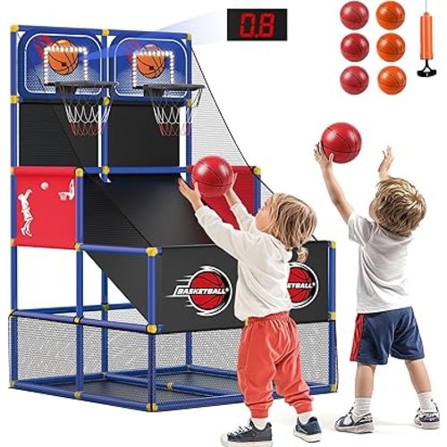 Kids Double Basketball Hoop Arcade Game,6 Balls,Scoreboard,LED Light