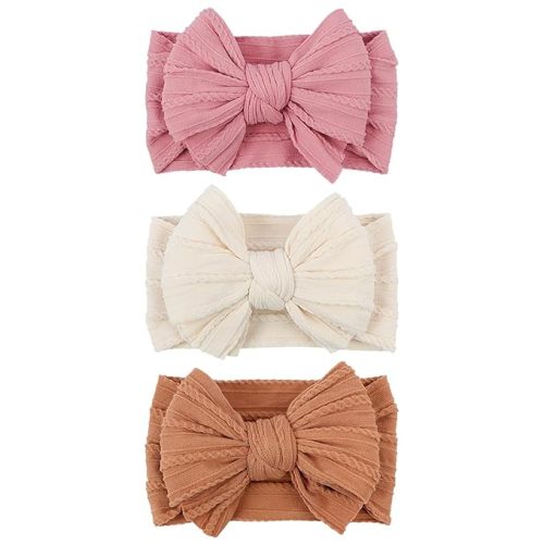LemonSpace Handmade Baby Bows for baby girls Stretchy Nylon Hair Bands Hair Accessories with Headbands Bows for Newborn Baby Girls Infant Toddlers Kids Bow(Pink Brown light Beige)