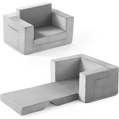 Kids Couch, 2-in-1 Toddler Chair Comfy 1-3 Years, Convertible Kids Chair, Toddler Couch That Fold Out, Kid Lounge Chairs for Boys and Girls, Soft Coral Fleece, Grey