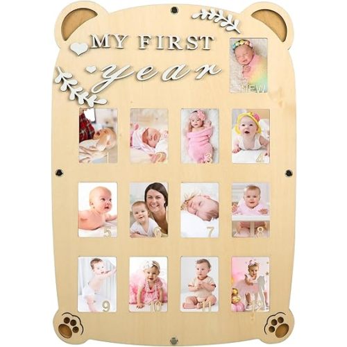 My First Year Picture Frame,One Year Of Photo Board, Baby's First Twelve Months Photo Collage and Gender Neutral Keepsake, Ideal for Baby Shower,New Mom Keepsake Gift and Nursery Decor - With Stand (Cat sign)