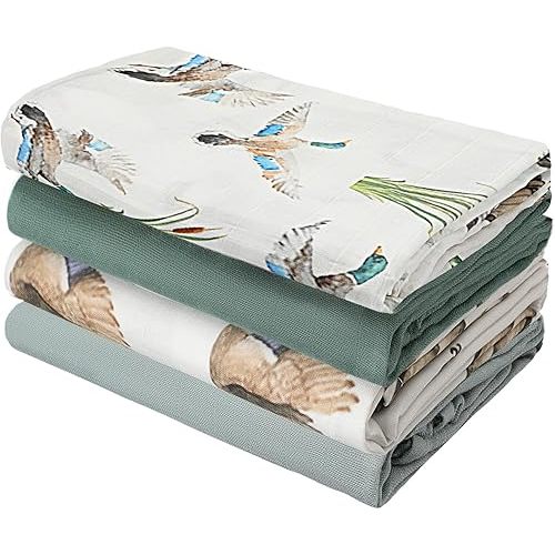 Oudain 4 Pcs Muslin Swaddle Blankets Receiving Baby Blanket for Boys Girls 47 x 43 Inches Baby Blanket Neutral Swaddle Wrap 70% Rayon and 30% Cotton for Unisex Newborn(Mallard Duck)