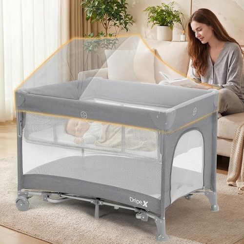 Dripex 5 in 1 Pack n Play with Bassinet, 2-Level Height Bedside Crib, Storage Pocket & Breathable Mesh - Foldable Portable Baby Playard for Newborn to Toddlers (Travel/Home), Khaki