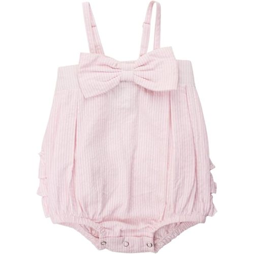 RuffleButts Baby/Toddler Girls Pink Striped Seersucker Bubble Romper w/Bow - 2T