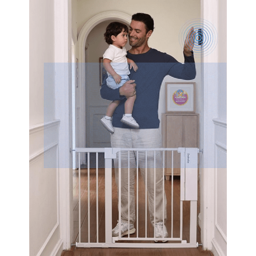 Babelio Smart Baby Gate with Auto-Unlock/Close, Pressure Mounted No Drill for Doorways/Top of Stairs. Pet/Dog Door Wide Walk Thru w/Infrared Sensor & Instant Safety Alert (White, 26.3-37.8" W, 30" H)