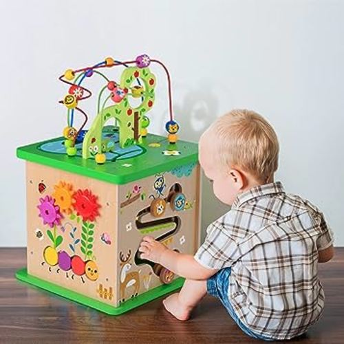 TOOKYLAND 5 in 1 Activity Center,Wooden Large Activity Play Cube 23"X13.5"X13.5",Wooden Learning Puzzle Toy for Toddlers, with Animal Friends, Shapes, Mazes, Shape Sorter