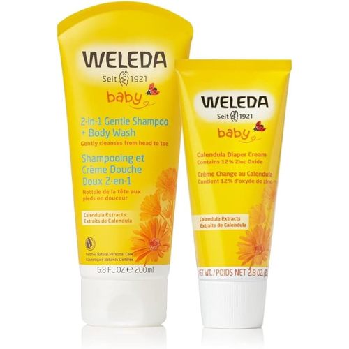 Weleda Baby Calendula 2-in-1 Gentle Shampoo-Body Wash and Diaper Cream Duo, 6.8 Fluid Ounce, 2.8 Fluid Ounce, Plant Rich Baby Care with Calendula and Sweet Almond Oil
