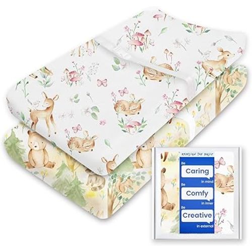 Changing Pad Cover for Girls Boys, TotBasic Premium Soft Changing Table Covers, Stretchy Jersey Changing Table Sheets - Fits All Standard Changing Pads - 2 Pack (Forest Bear & Bambi Deer)