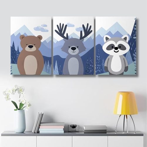 Oxzcimty Woodland Animals Canvas Wall Art, Cute Wild Animals Poster, Cartoon Bear Deer Raccoon Posters for Boys and girls room,Bedroom (12" x 18" x 3 pcs)