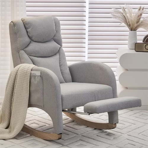 Rocking Chair Nursery - Modern Linen Upholstered Gliding Rocker Chair Lounge Chair with Adjustable Footrest, High Back Wingback Armchair Comfy Single Sofa Chair for Living Room, Light Gray
